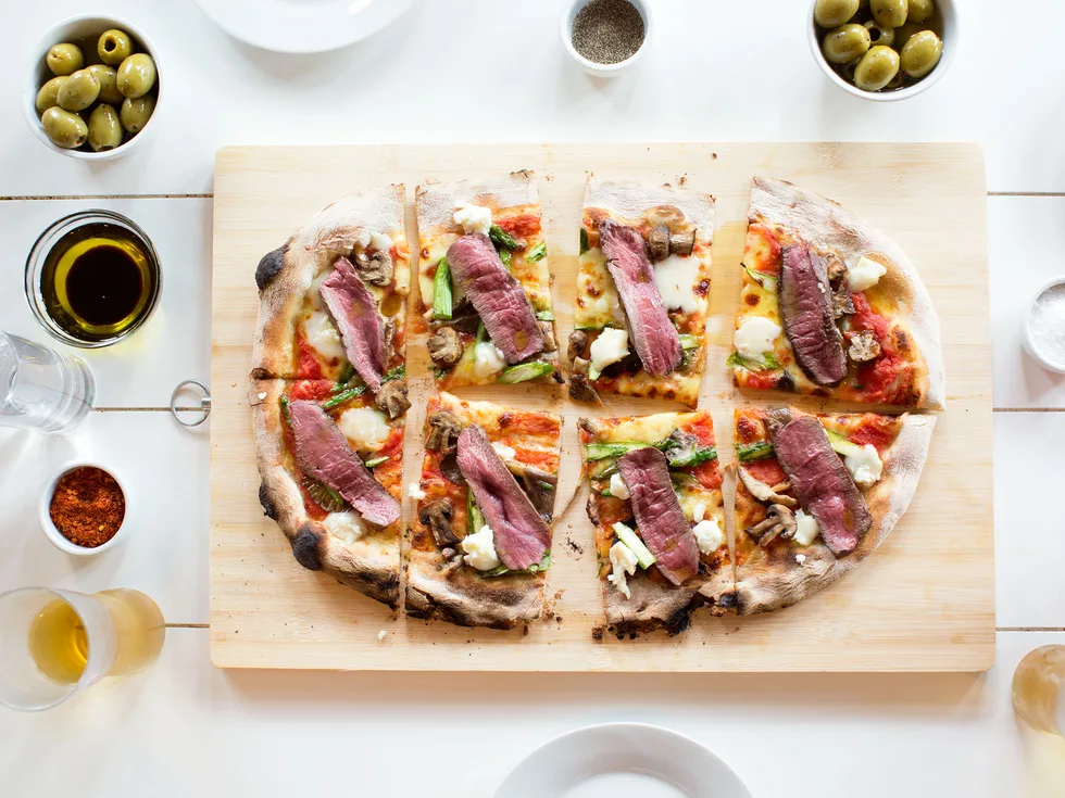 Smoked venison pizza with wild mushrooms, asparagus and taleggio