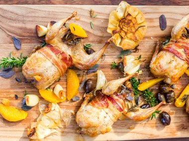 Roast quail with pancetta recipe