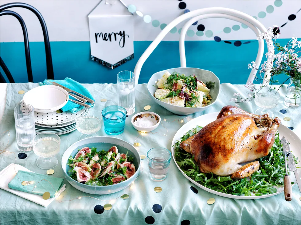 Roast turkey with pistachio rosemary stuffing and fig salad recipe