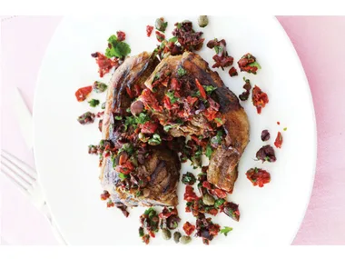Barbecue lamb chops with mediterranean salsa
