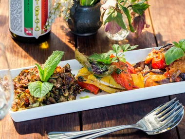 Eggplant with cherry tomatoes, black olives & capers recipe