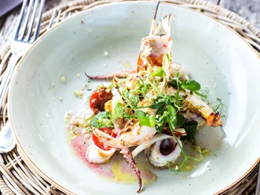 Grilled seafood salad with lemon & pecorino crumb recipe