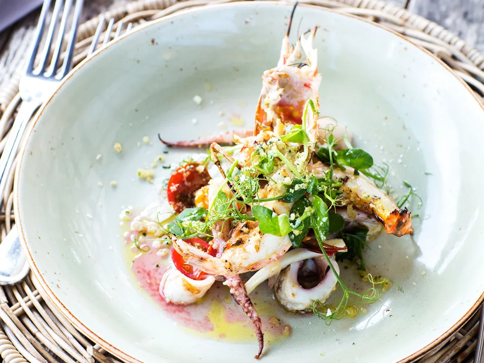Grilled seafood salad with lemon & pecorino crumb recipe