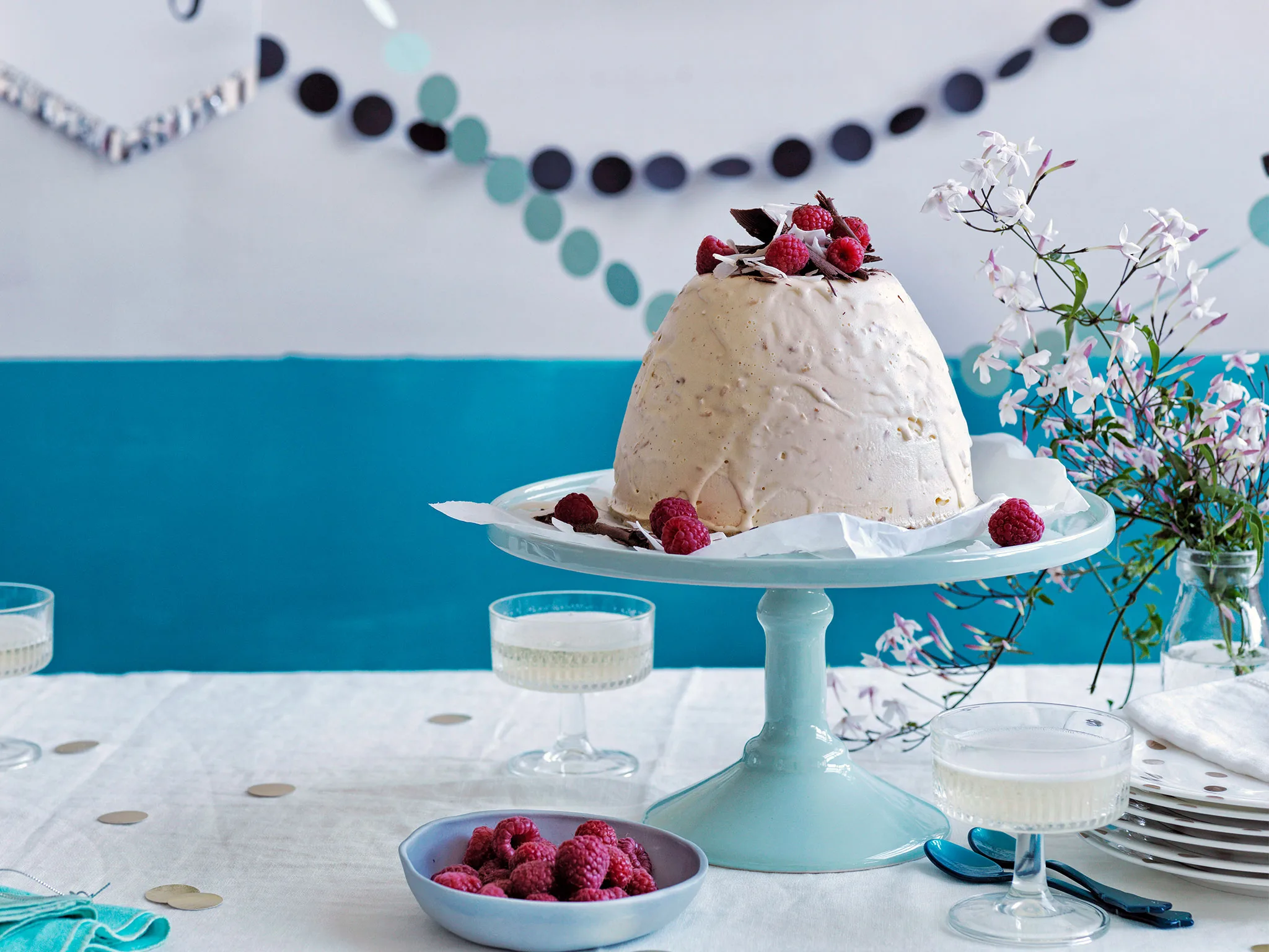 Coconut, chocolate & raspberry ice cream bombe recipe.
