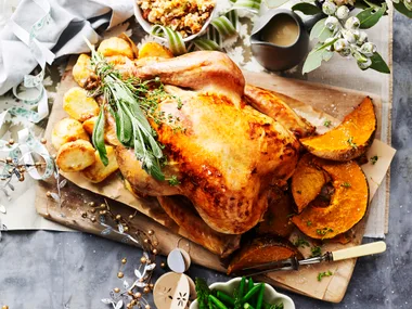 Roast turkey with bacon, onion and sage dressing