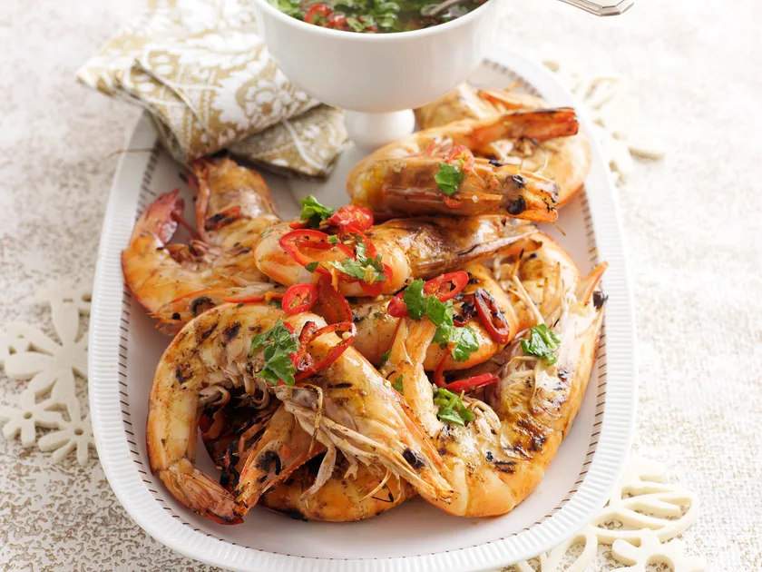 Barbecued prawns with chilli lime dressing
