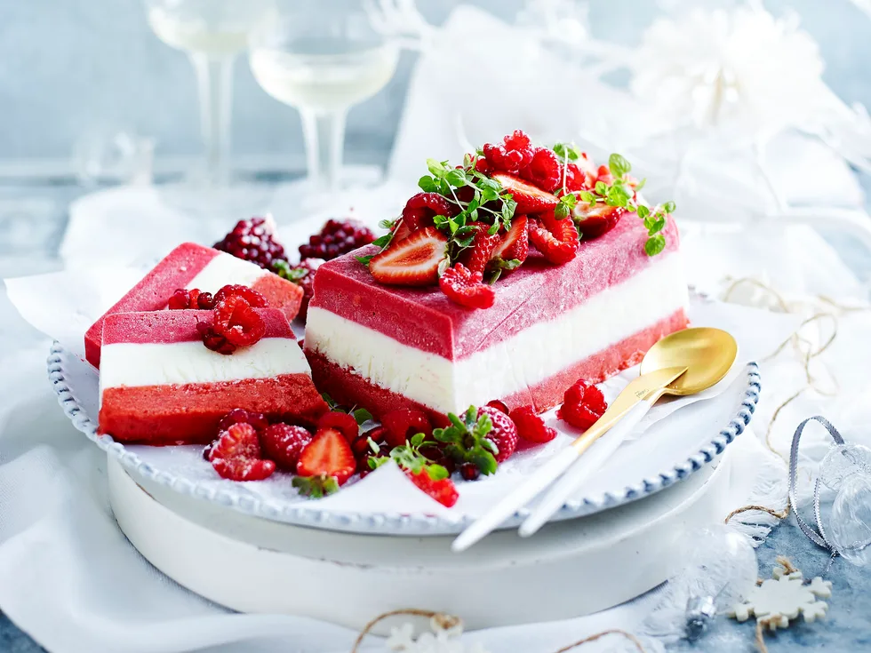 raspberry, yogurt and strawberry terrine with berry and mint salad