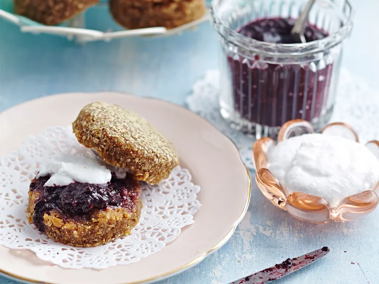 Fig and date scones with blueberry chia jam and coconut cream