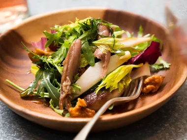 Bitter green salad with duck, pear and walnuts