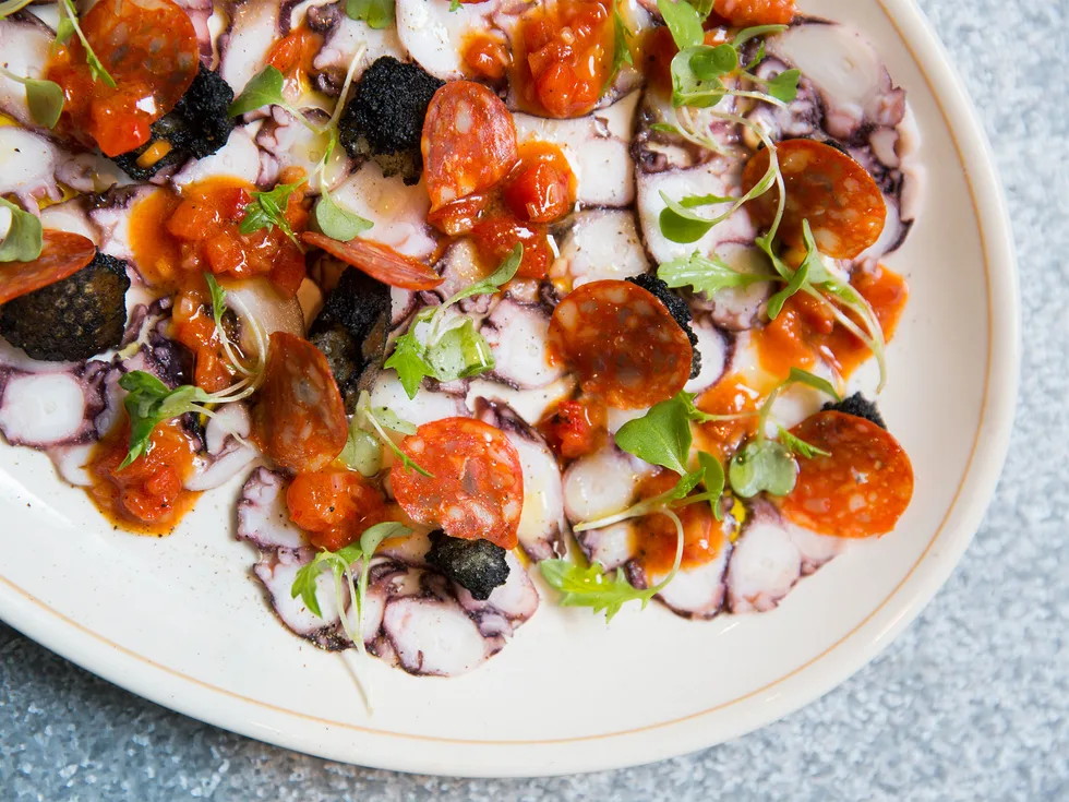 Grilled octopus with chorizo and red capsicum vinaigrette