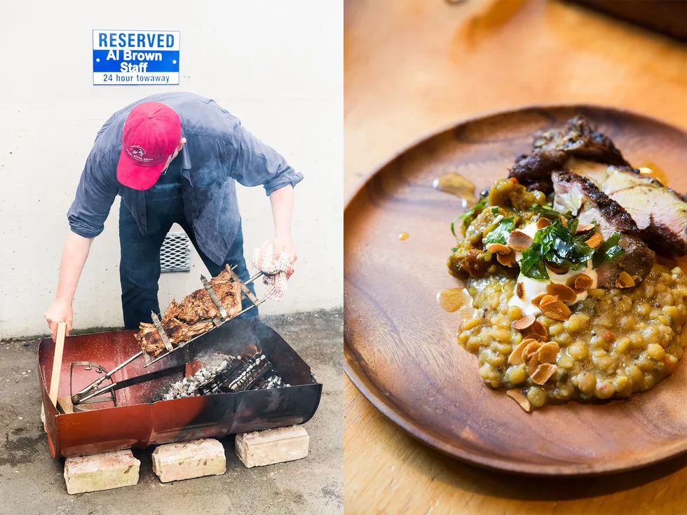 Roasted lamb shoulder with dahl, eggplant kasundi and yoghurt