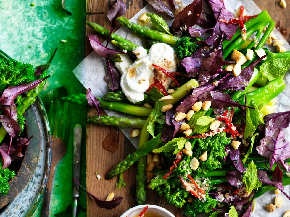 Broccolini, asparagus and miso chicken salad