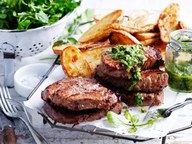 Steak and spuds with salsa verde