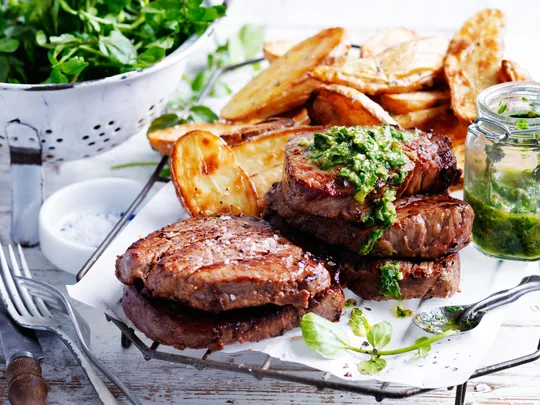Steak and spuds with salsa verde