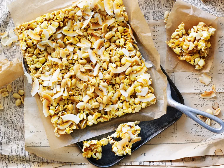 Salted popcorn and nut slice