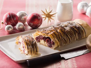 Festive chocolate & cherry strudel