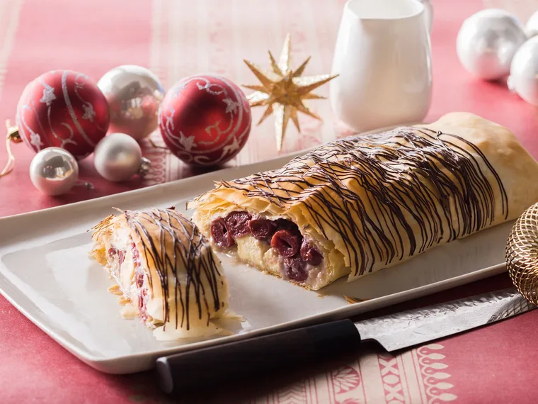 Festive chocolate & cherry strudel