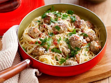 Chicken, minted pea and ricotta meatballs pasta