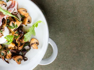 Warm mixed mushroom salad with rocket and mozzarella on toasted ciabatta