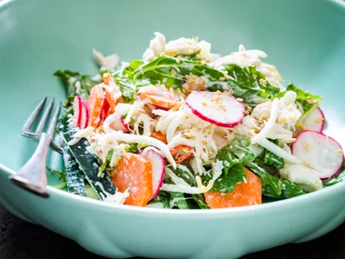 Pickled summer vegetable salad with crab, sesame & sprouts