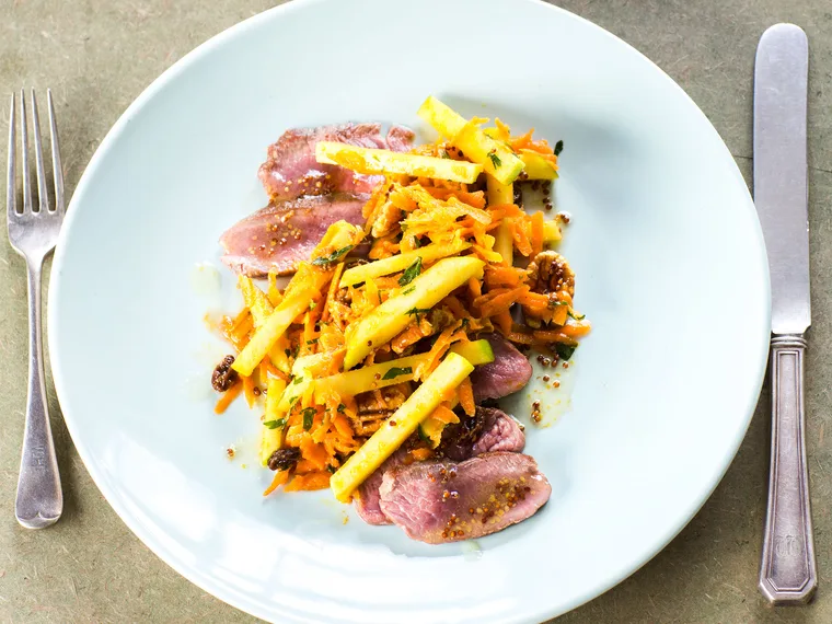 Spiced carrot, apple & raisin salad with lamb