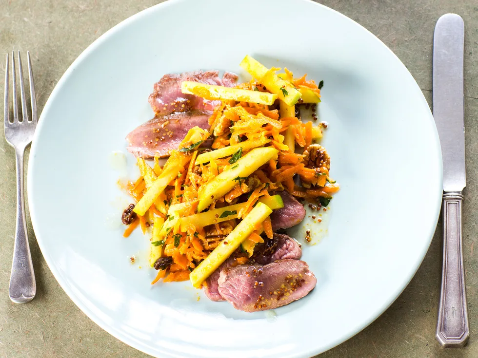 Spiced carrot, apple & raisin salad with lamb