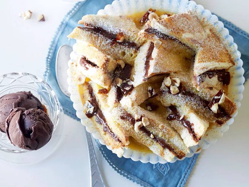 Praline bread pudding with chocolate sorbet recipe