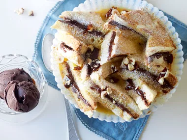 Praline bread pudding with bitter chocolate sorbet
