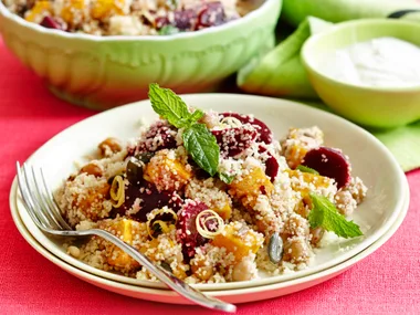 Beetroot and pumpkin couscous with spiced chickpeas