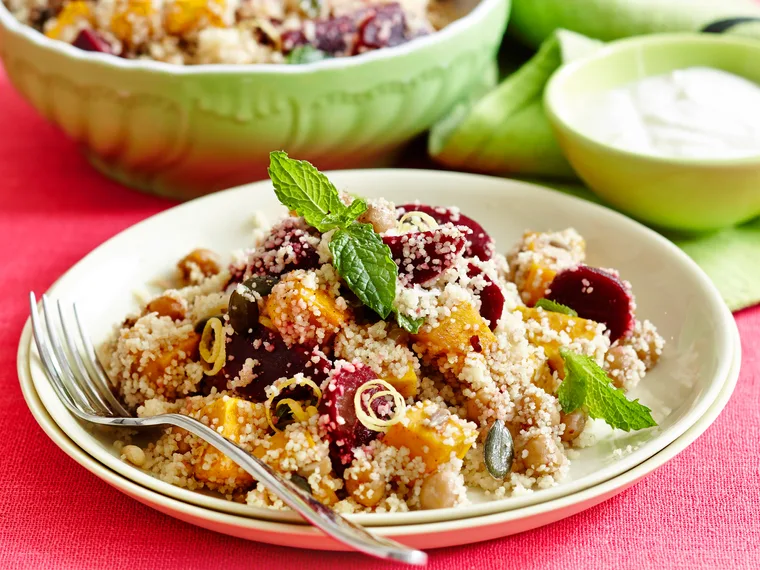 Beetroot and pumpkin couscous with spiced chickpeas