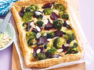 Beetroot and broccoli tart