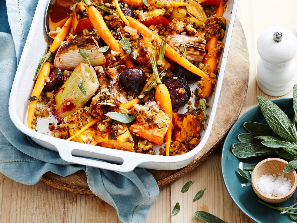 Crunchy kumara & beetroot bake