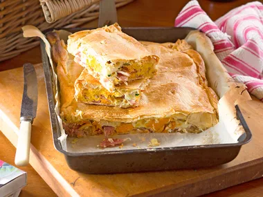 bacon egg pie in square pie dish