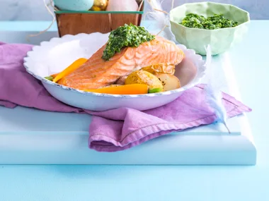 Salmon with pea purée