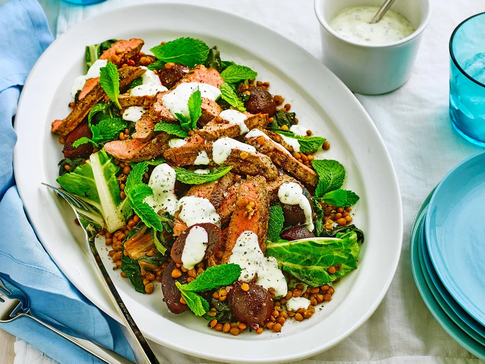 Peppered lamb with silverbeet & lentil salad