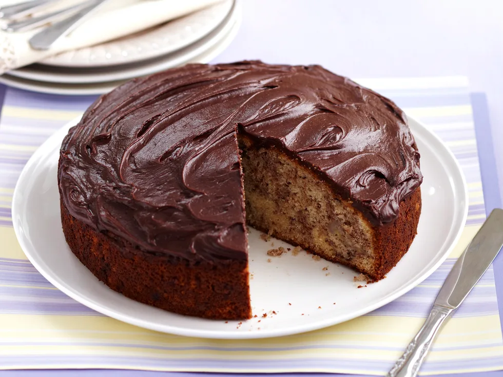 Banana cake with chocolate icing