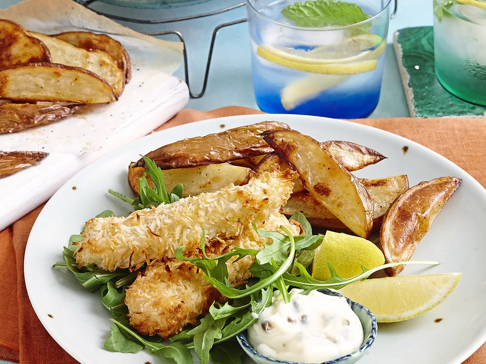 Coconut fish fingers with caper mayo