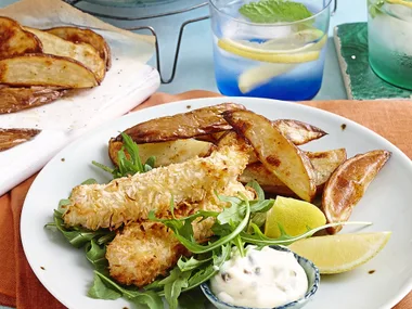 Coconut fish fingers with caper mayo