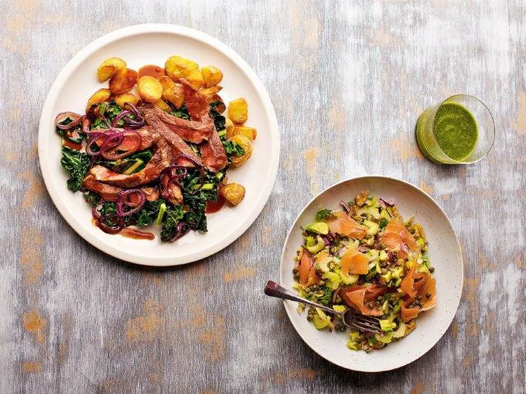 Chargrilled steak with a red wine jus, kale and roasted potatoes