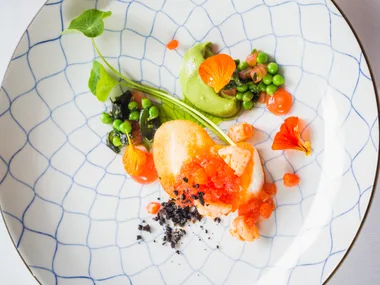 Roasted hapuku with prawns, peas & blood orange