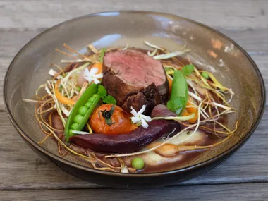 Roasted autumn vegetables with cacao beef