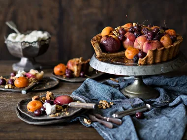 Walnut tart crust with roasted harvest fruits & maple glaze