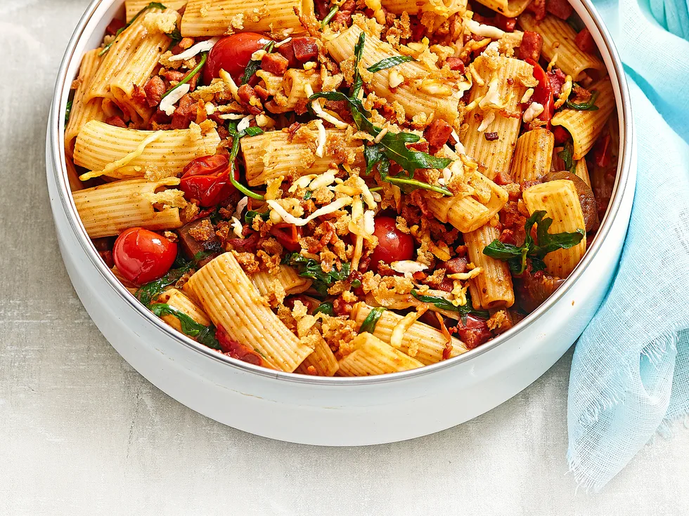 Chorizo and eggplant rigatoni with haloumi croutons