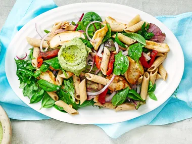 Chicken superfood pasta with avocado pesto