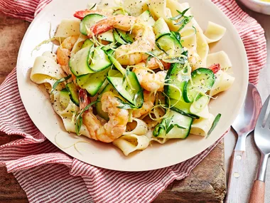 Creamy lemon prawn and zucchini pappardelle