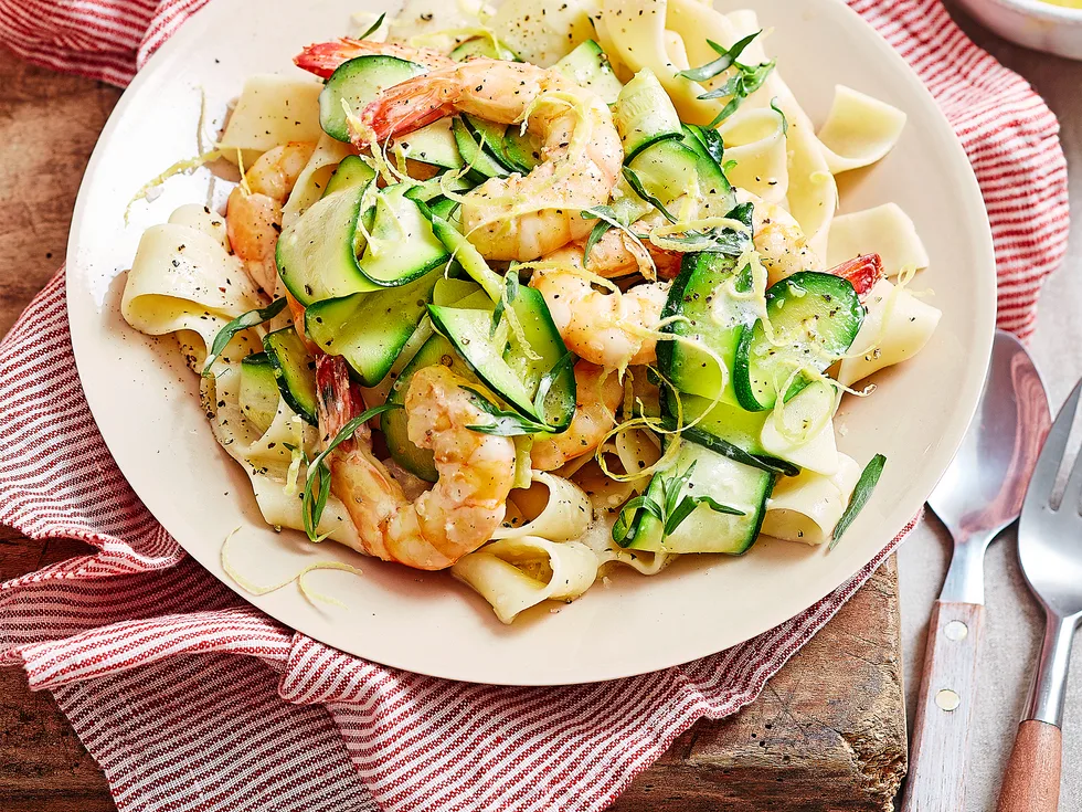 Creamy lemon prawn and zucchini pappardelle