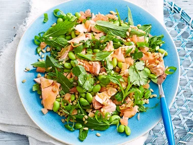 Salmon with edamame, grapefruit and barley salad