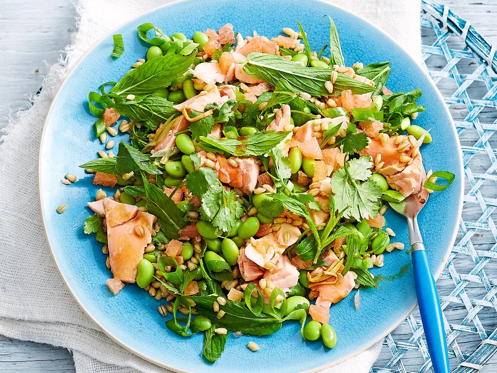 Salmon with edamame, grapefruit and barley salad