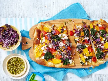 Avocado naan with pumpkin, feta and swiss chard