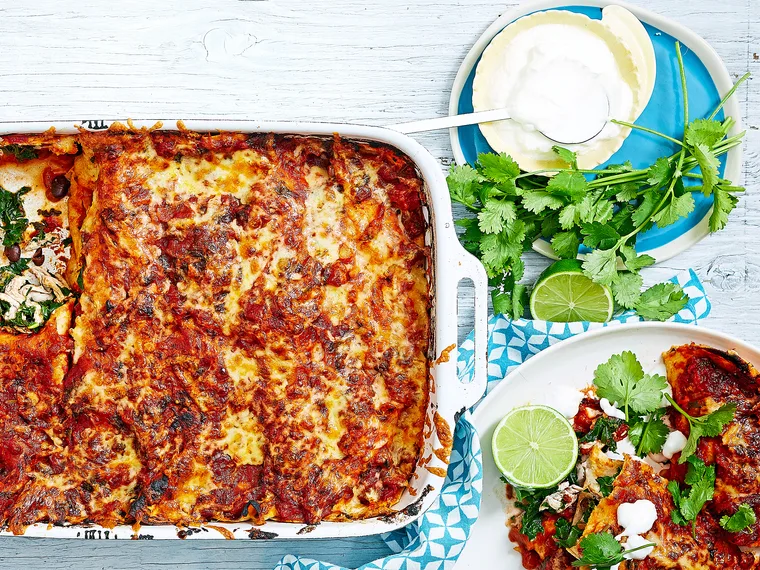 Chicken, kale and black bean enchiladas